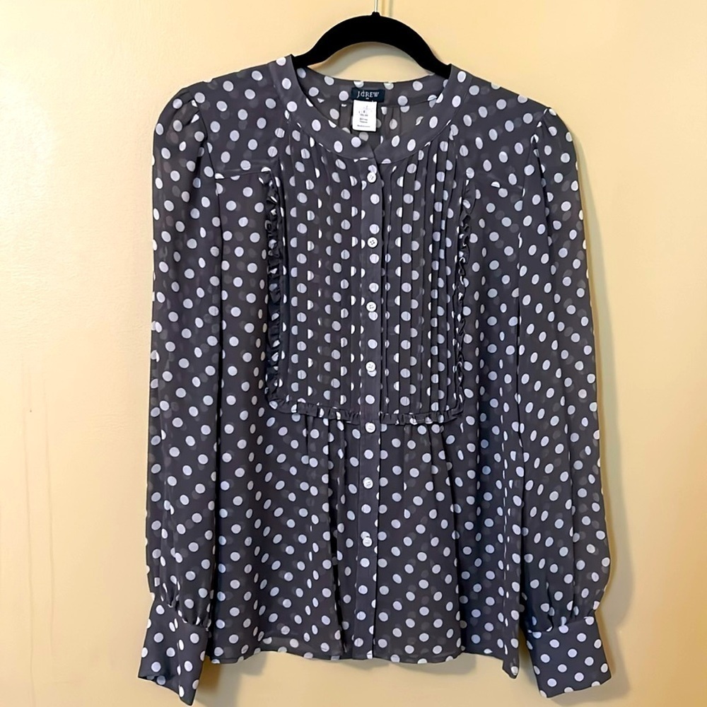 J.Crew Polka Dot 100% Silk Top Grey Smocked Front Long Sleeve Size 6